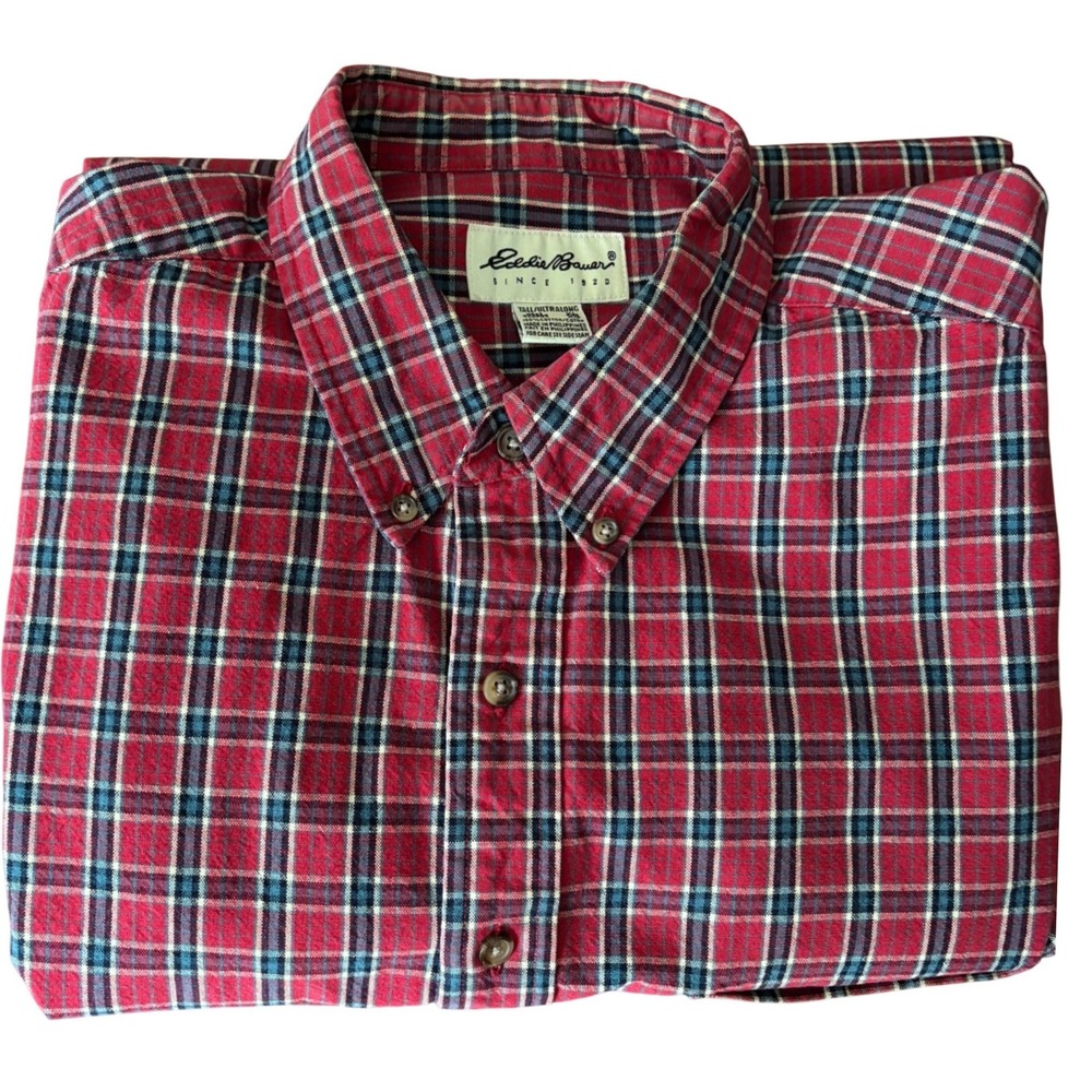 Vtg Eddie Bauer | Mens XL Tall | Red Blue Plaid Long Sleeve Button Down Cotton